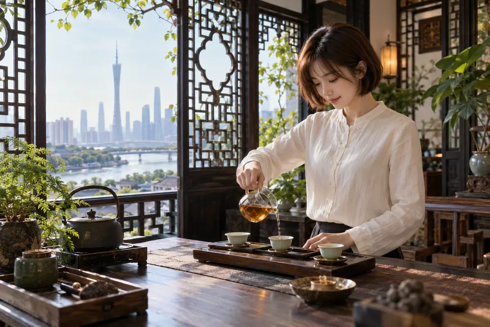 岭南花窗前，一位年轻女性用公道杯分茶的工作室冲泡场景